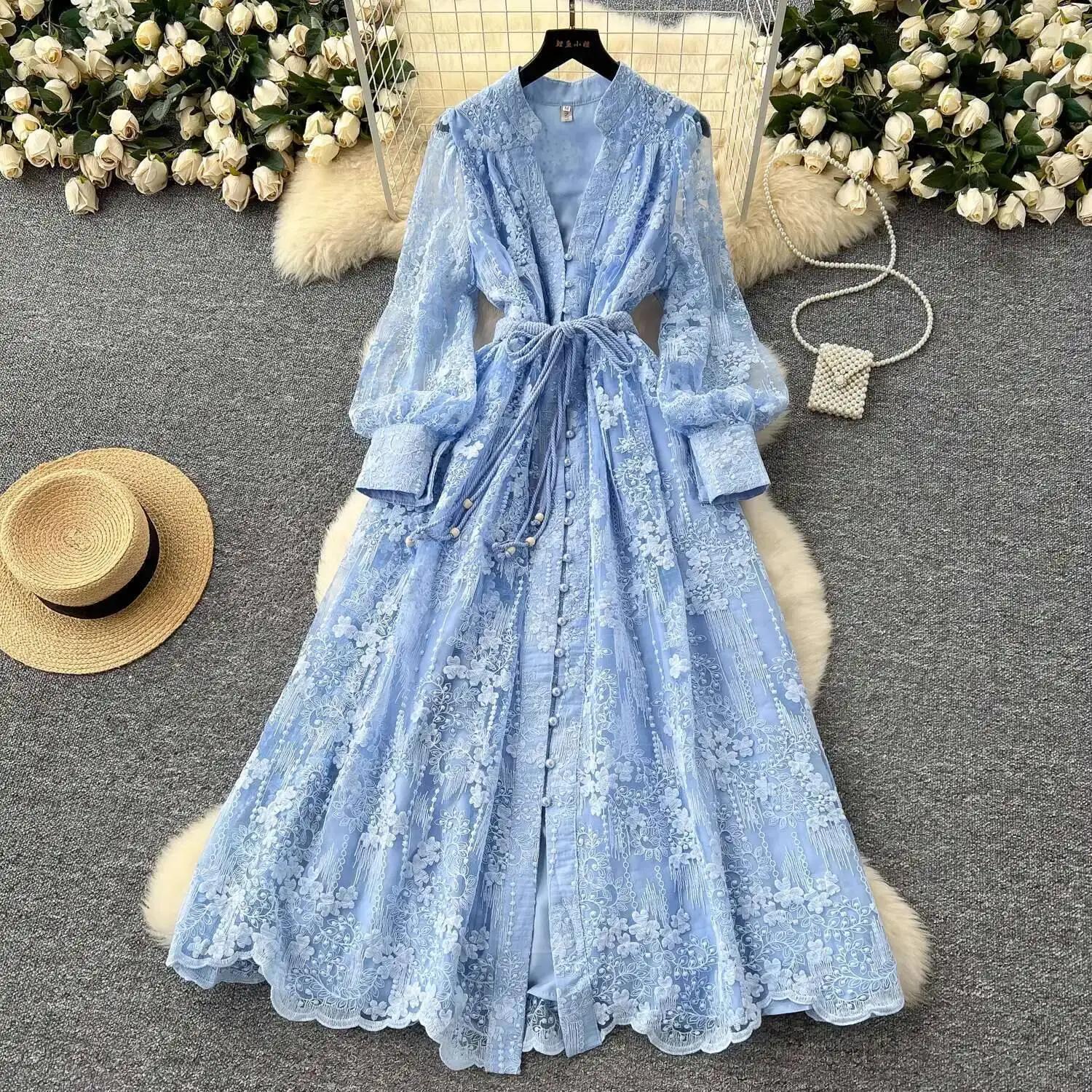 Robes formelles brodées de luxe pour femmes, lanterne d'été et d'automne, manches longues, dentelle,