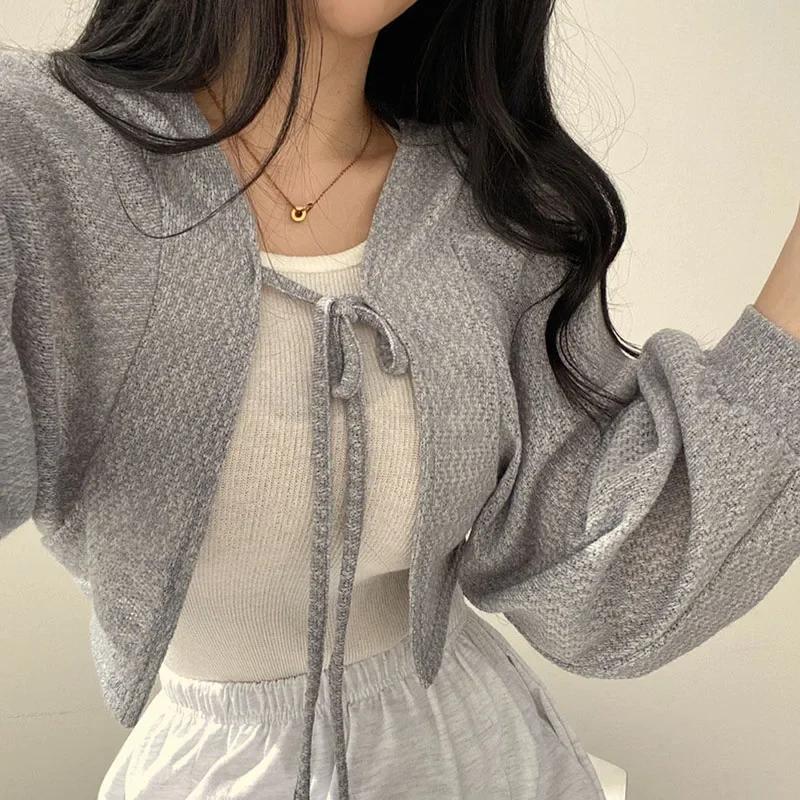 Cardigan Blanc Fin à Lacets pour Femme, Tricot d'Été, Protection Solaire, Mode Coréenne, Manches Lan