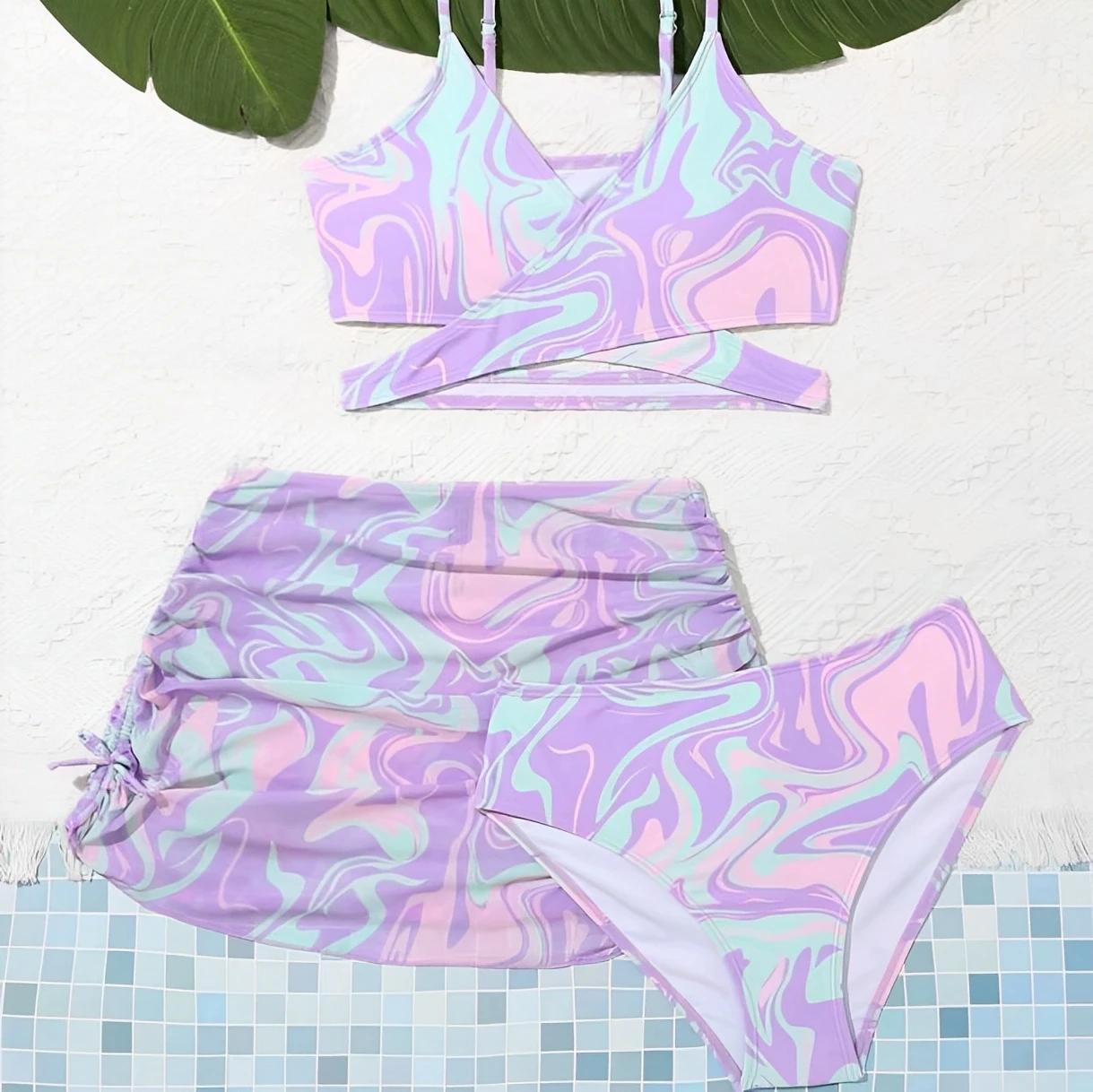 Maillot de bain 3 pièces imprimé Tie-Dye 2026 pour filles avec jupe, maillot de bain pour enfants, t