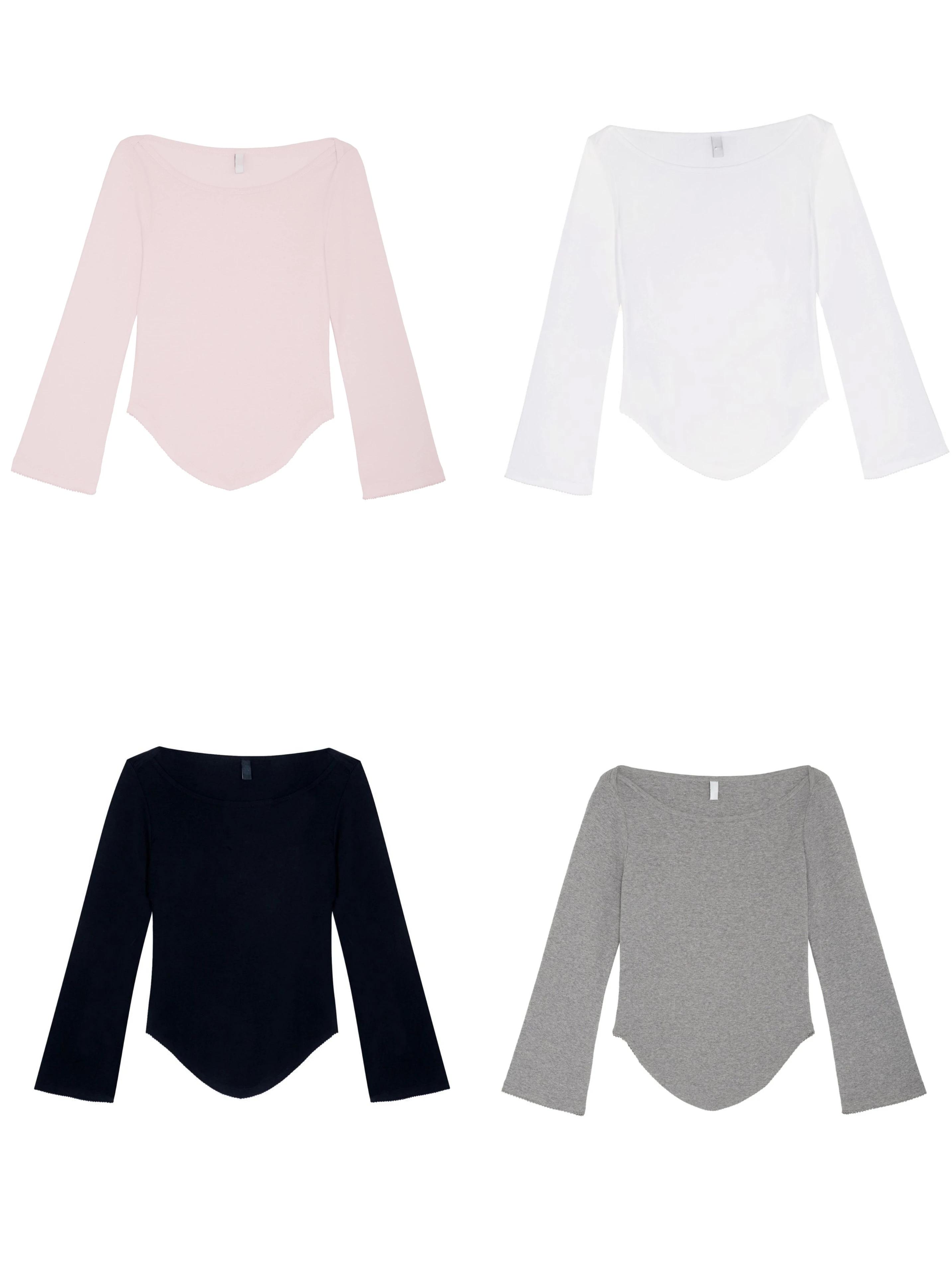 T-shirt rose à manches trois-quarts et col rond pour l'automne, haut gris à ourlet en V, haut blanc