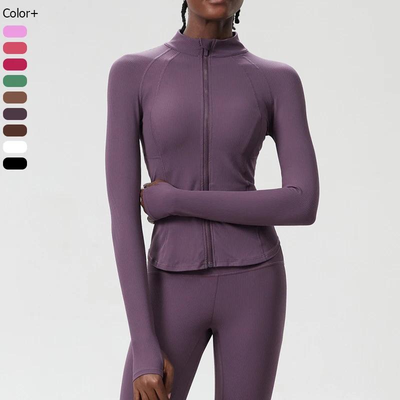 Veste de course en plein air pour femmes, couleur unie, manteau de gymnastique à manches longues, co