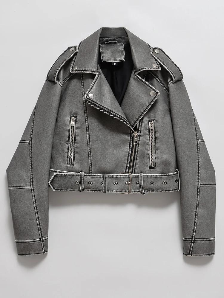 Ailegogo femmes Vintage ample lavé Faux cuir veste courte Streetwear femme fermeture éclair ceinture