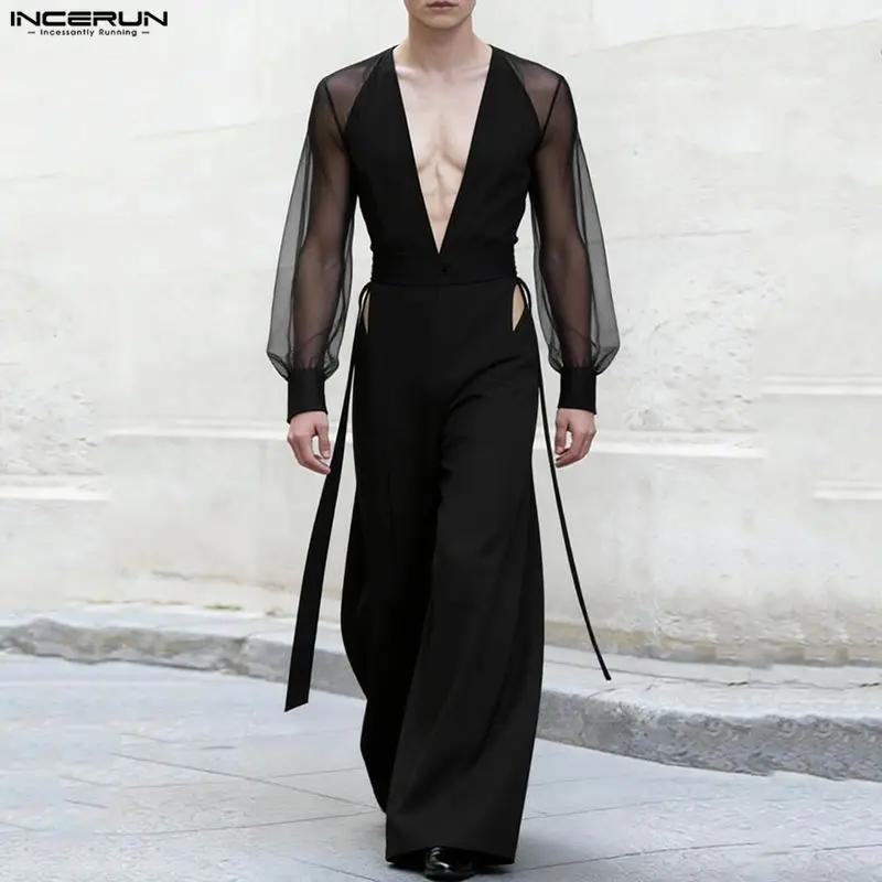 Combinaisons pour hommes INCERUN, style streetwear, à manches longues, col en V, transparentes, avec