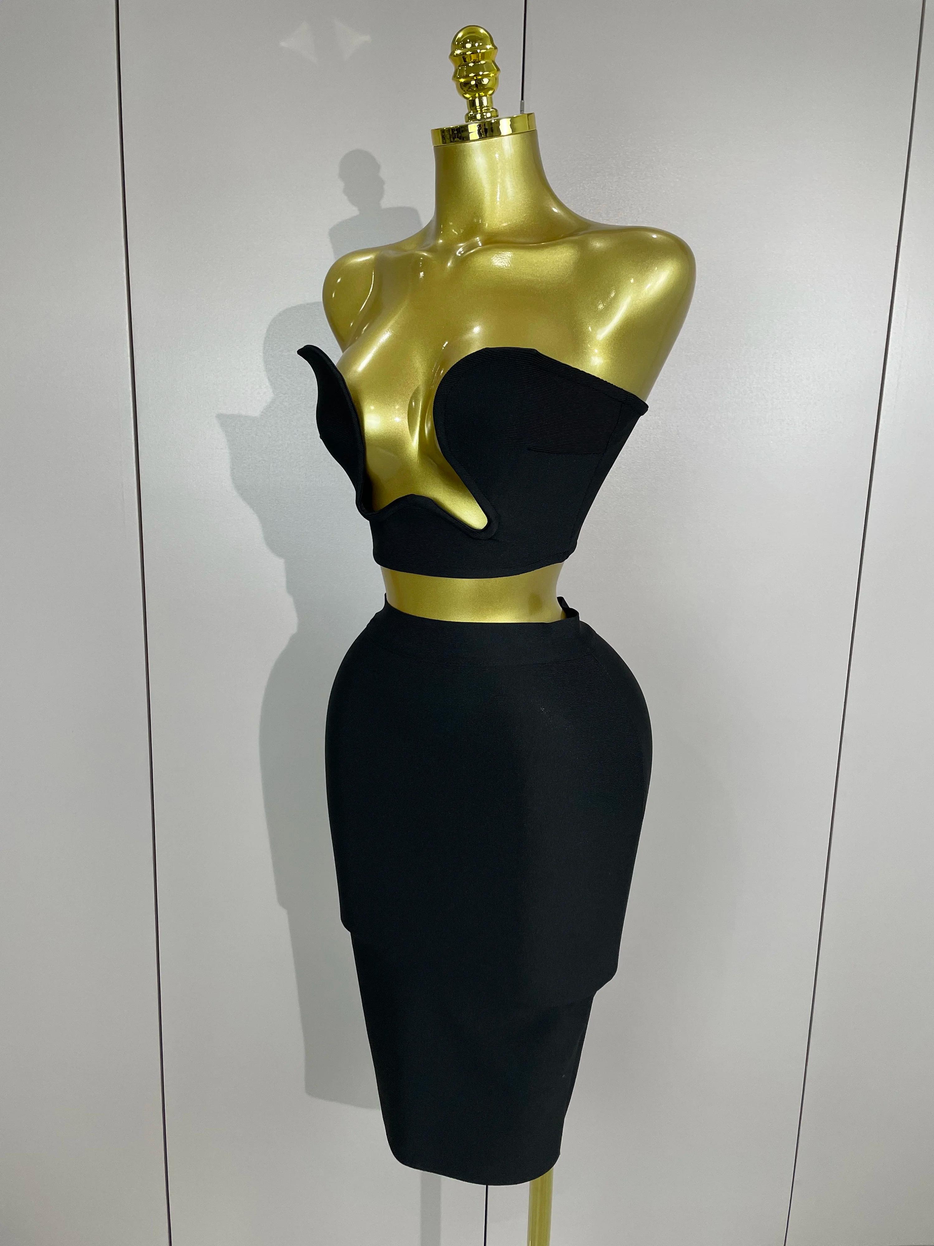 2025 Femmes Sexy Bretelles Dos Nu Noir Bandage Deux Pièces Costume Célébrité Designer De Mode Robe D