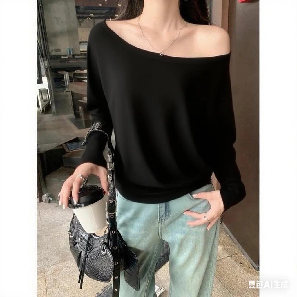 Chemise asymétrique épaule dénudée en coton, manches longues, épaules inclinées, Style de vêtements