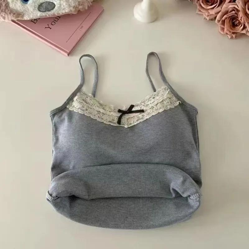 Femmes Camisole débardeurs Sexy nœud sans manches haut Corset avec coussin de poitrine doux dentelle