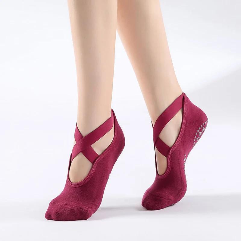 Chaussettes de Yoga antidérapantes avec pansement en coton, dos nu, Pilates, pour femmes, Fitness, B