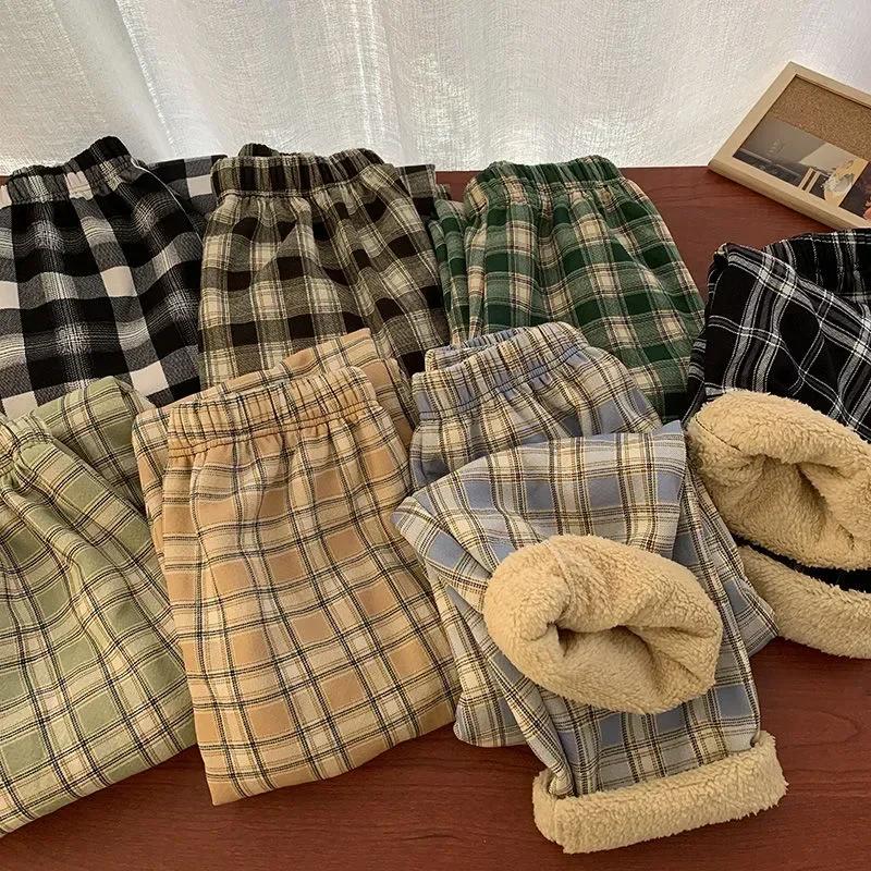 Mode chaud en peluche pantalon cachemire épais Plaid dames hiver décontracté ample pantalons à jambe