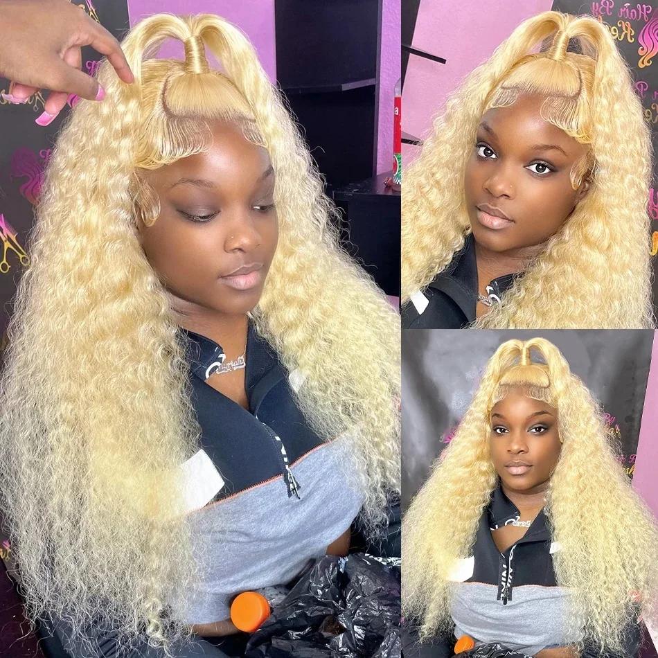 Perruque Deep Wave Lace Front Wig naturelle bouclée, cheveux humains, couleur blonde 613 HD, 13x6, 1