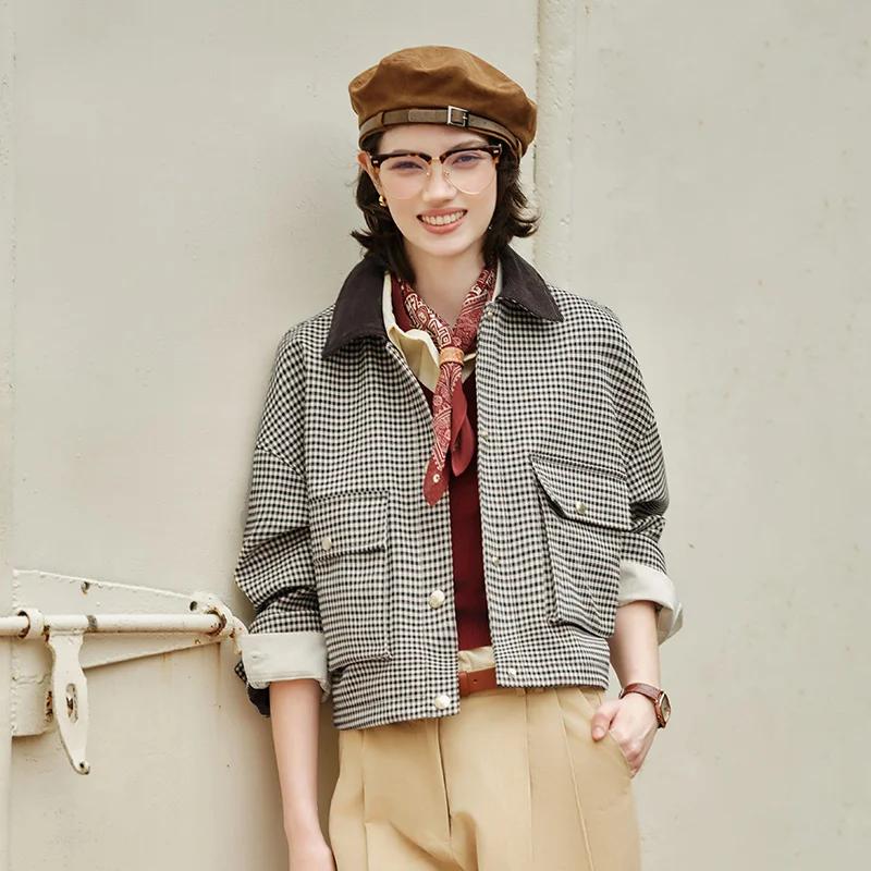Semir veste femmes recadrée col tournant à la mode en vrac 2025 nouveau automne Plaid mode manteau