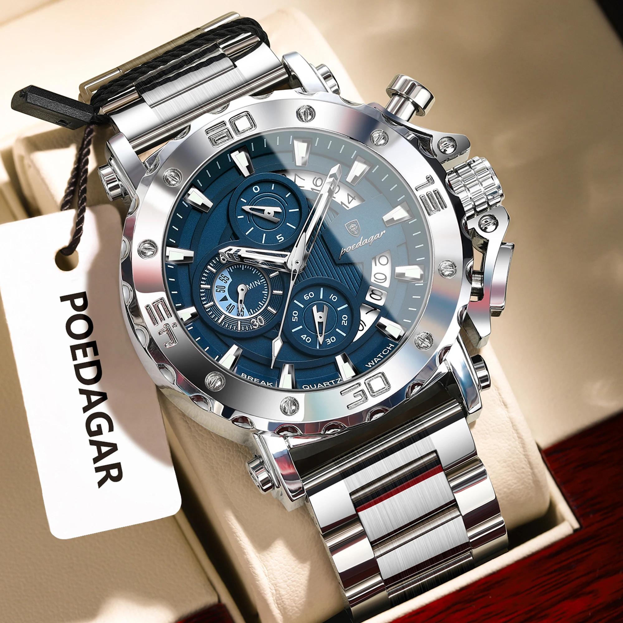 POEDAGAR montre pour hommes de luxe calendrier lumineux étanche homme horloge chronographe en acier