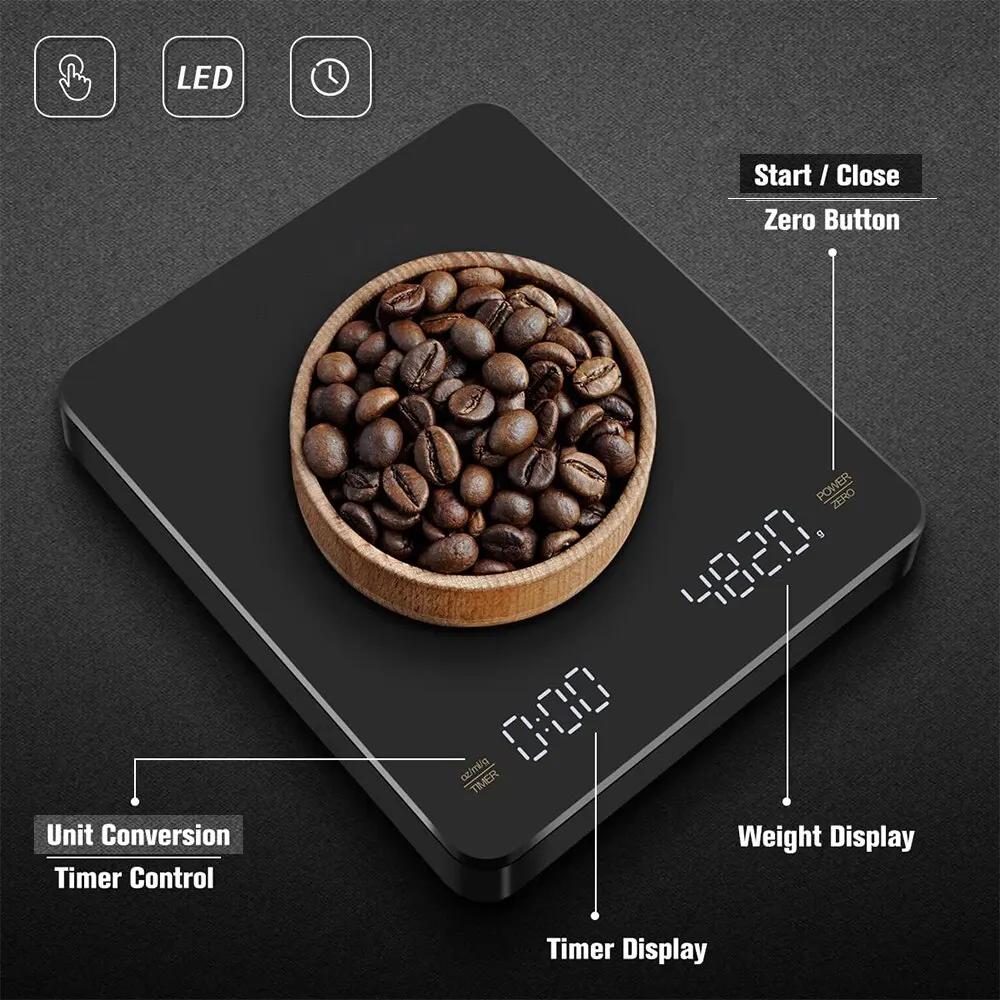 Balance à café numérique avec minuterie, écran LED, expresso, USB, 3kg max, pesée de 0.1g, mesures d