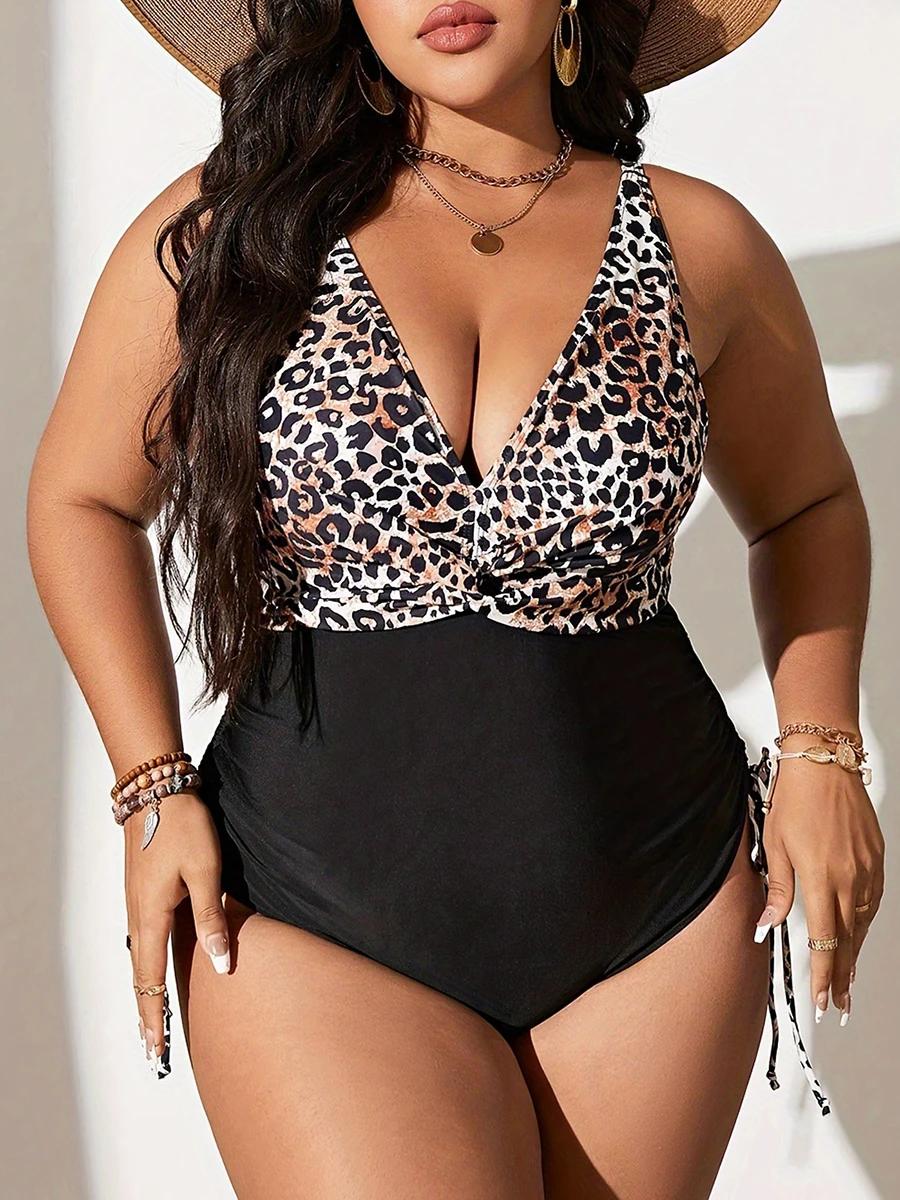 Maillot de bain une pièce grande taille imprimé léopard pour femme, col en V, collection 2026 – Tenu