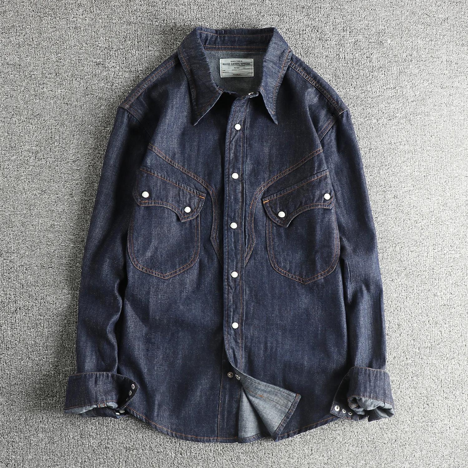 Réplique de chemise en jean pour hommes, Style rétro occidental américain, avec boutons en perles, n