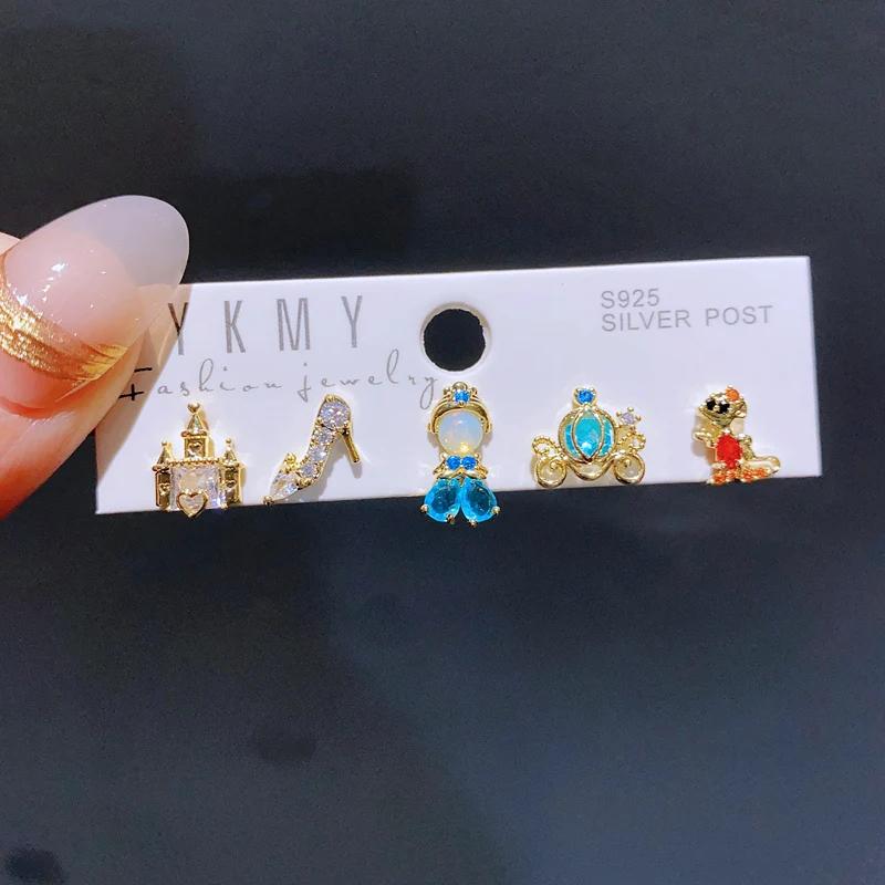 Boucles d'oreilles mixtes en cristal de Zircon coloré, 5 pièces/ensemble, conte de fées, pour femmes