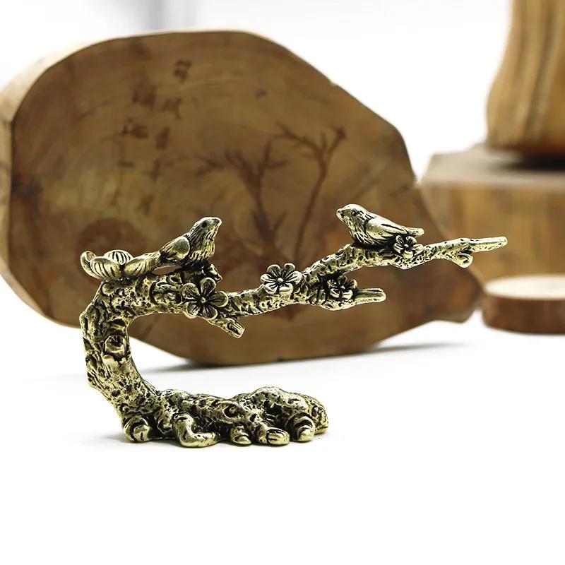 Arbre à prune en cuivre pur, oiseau pie heureux, ornements miniatures, Figurine de coucou en laiton