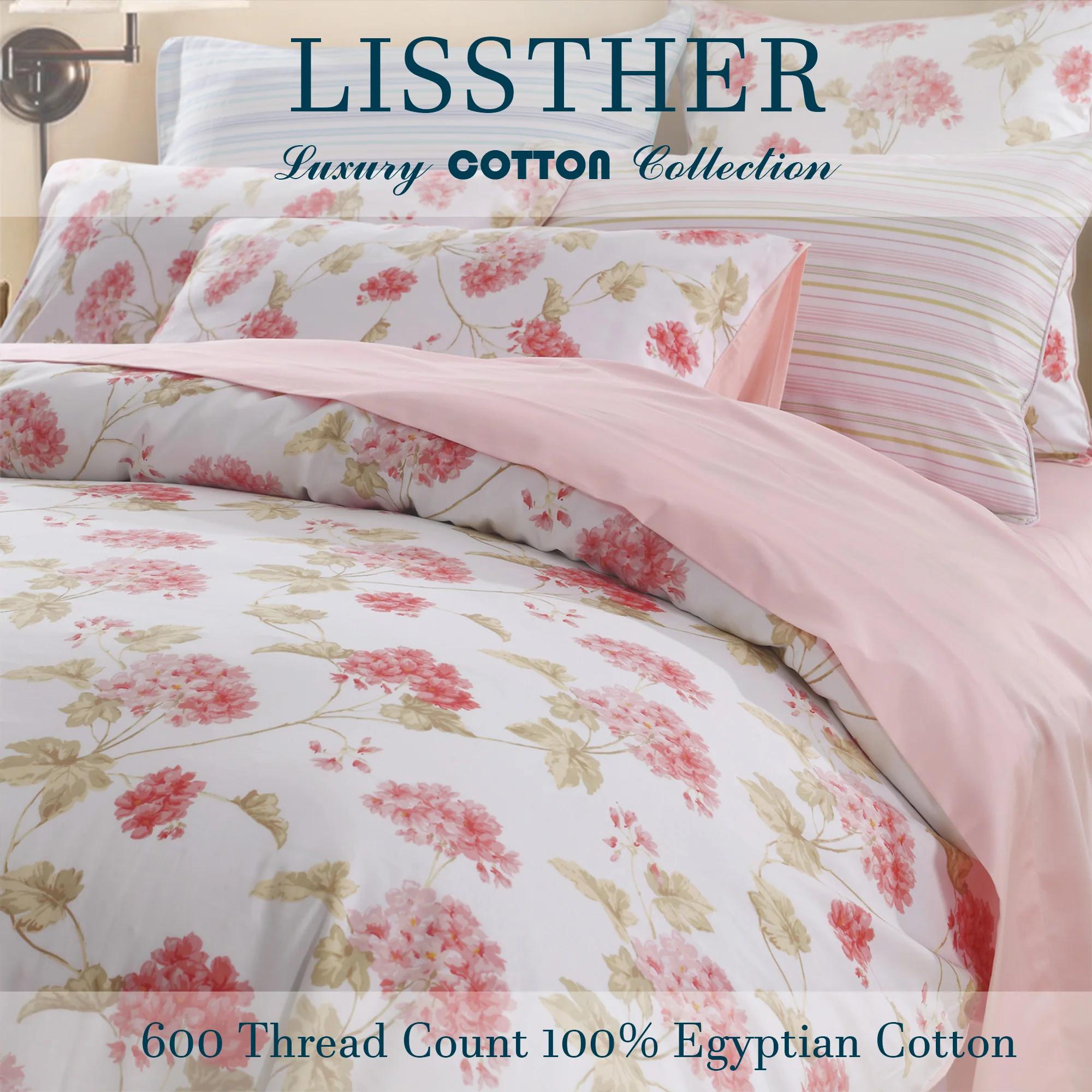 Ensemble de housse de couette 100% coton égyptien 600TC, 3 pièces, Floral de printemps rose Shabby C