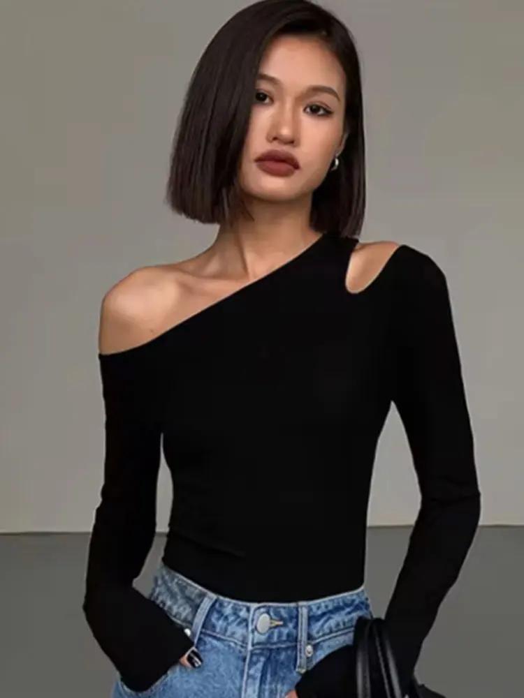 Mode col incliné épaules dénudées à manches longues T-shirts femmes printemps nouveau solide coupe a