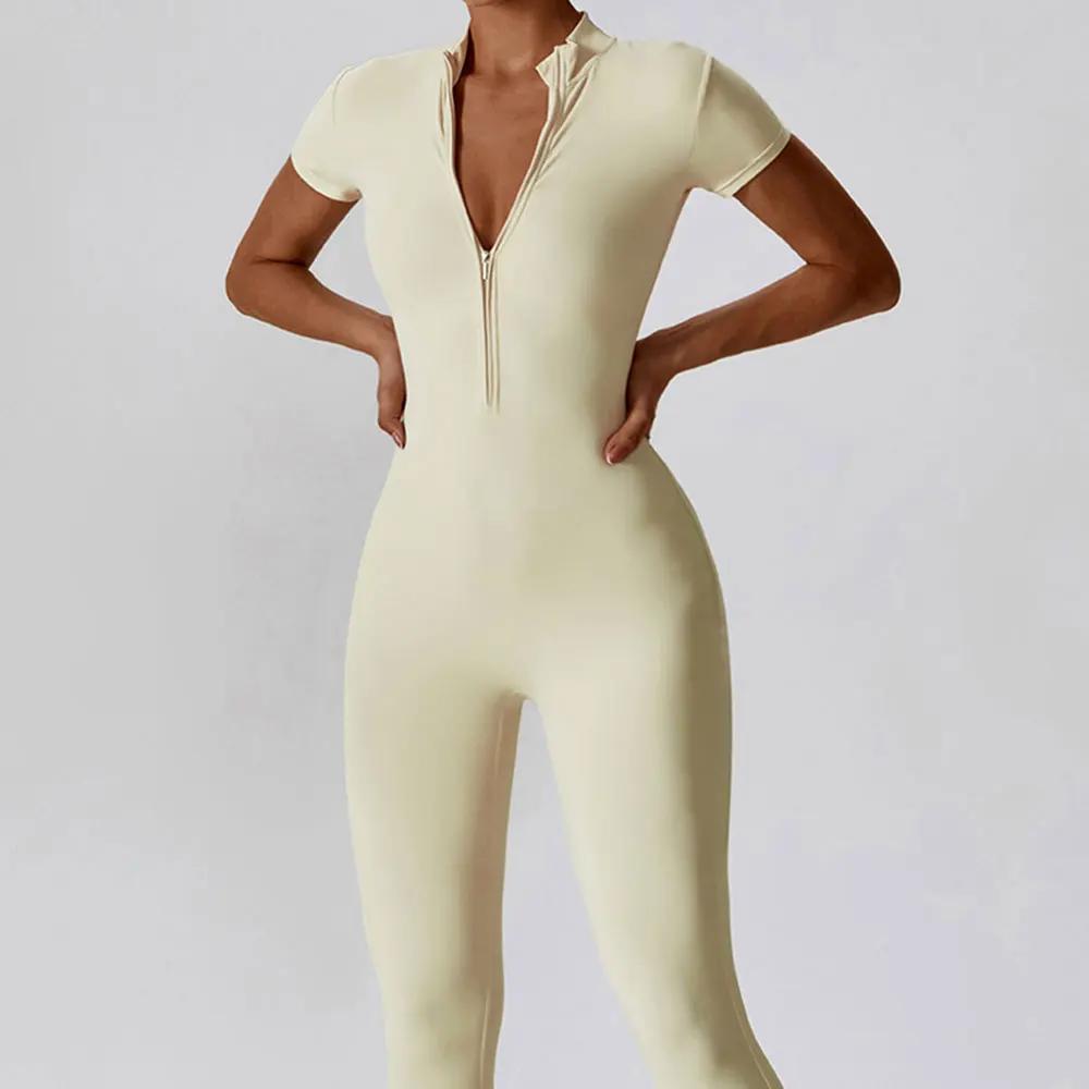 Ensemble de Yoga, combinaisons une pièce pour femmes, fermeture éclair, manches courtes, vêtements d