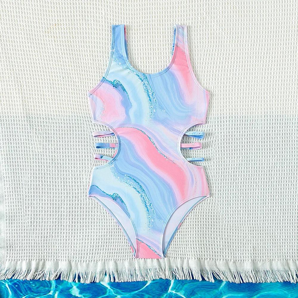 Maillot de bain une pièce tie-dye bleu pour enfants adolescents design nouveau 5 à 15 ans