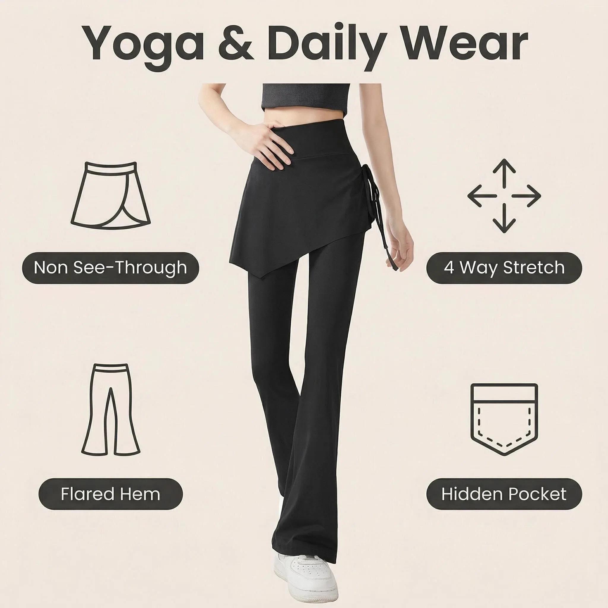 DFCF Pantalon de yoga évasé taille haute pour femme avec jupe superposée deux-en-un, détails à pompo