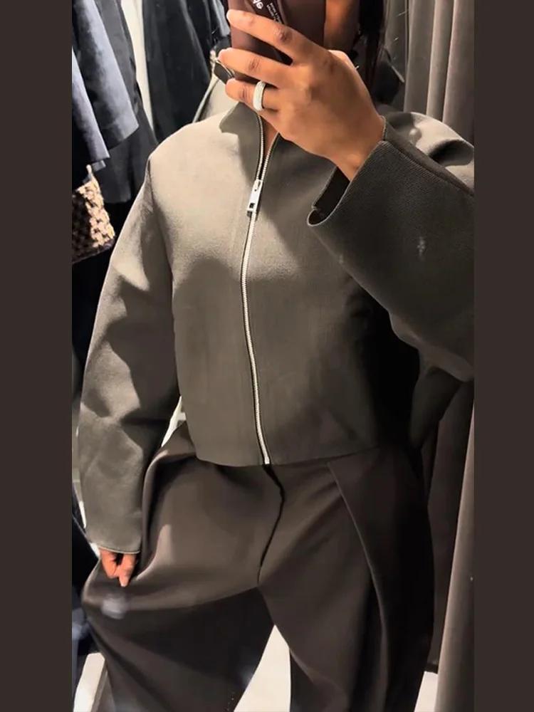 Veste courte Vintage à col montant pour femme, manteau ample et chaud avec fermeture éclair, manches