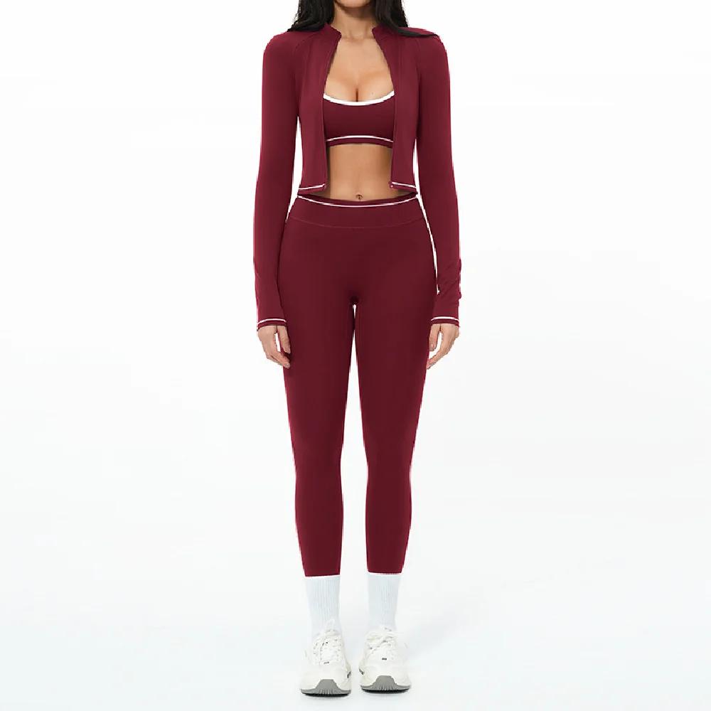 Ensemble de yoga 3 pièces avec fermeture éclair, tenue de sport d'extérieur, survêtement de gym pour