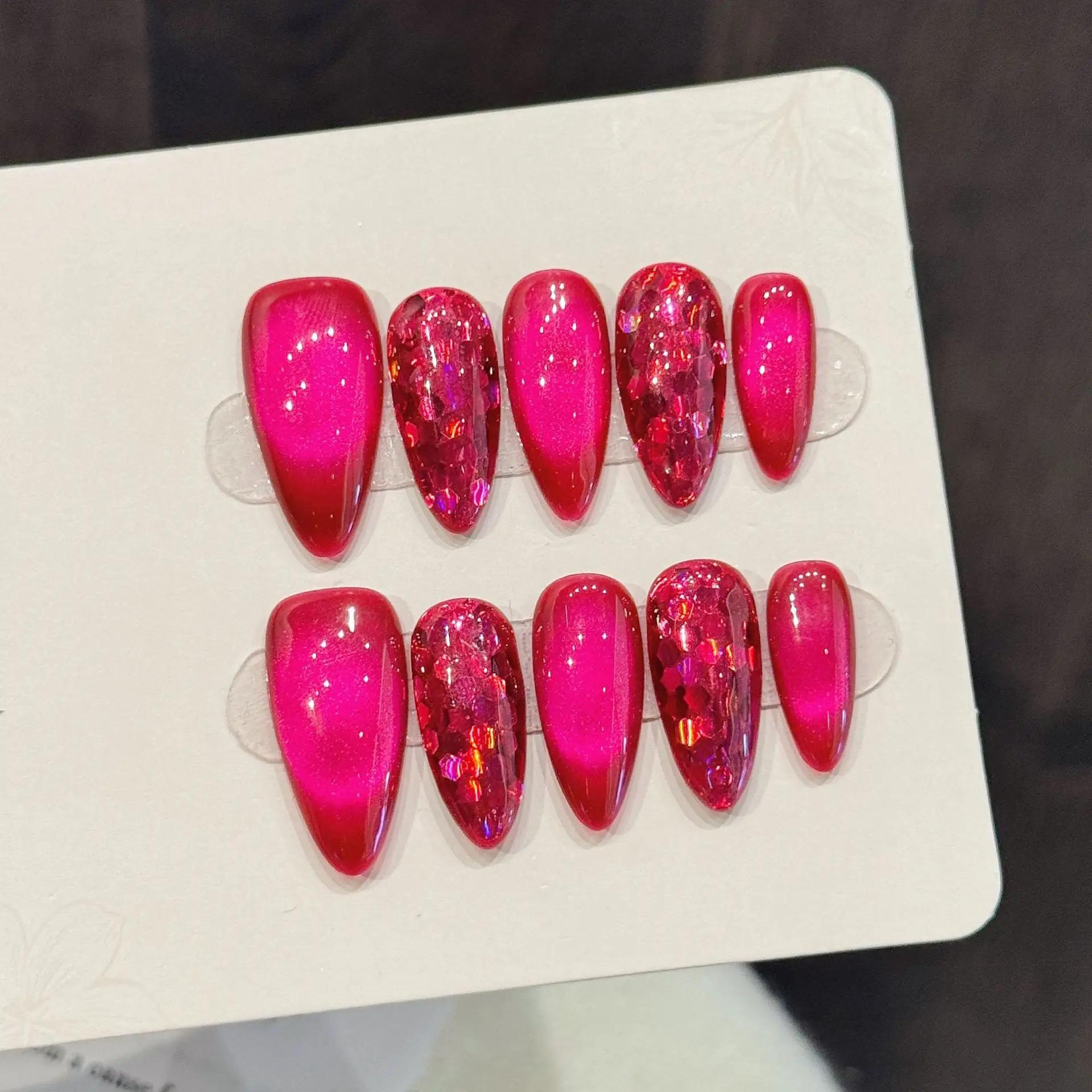 10 pièces Rose rouge oeil de chat presse sur ongles solide Pitaya couleur amande à la main faux ongl