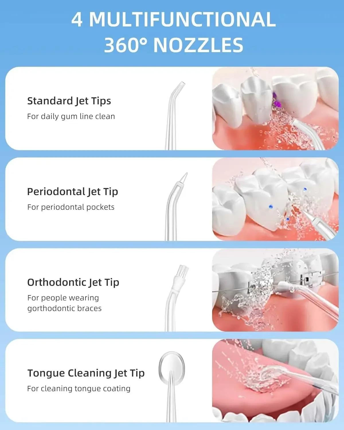 Irrigateur buccal, hydropulseur Portable, cure-dents à Jet d'eau Rechargeable par USB + 4 pointes de