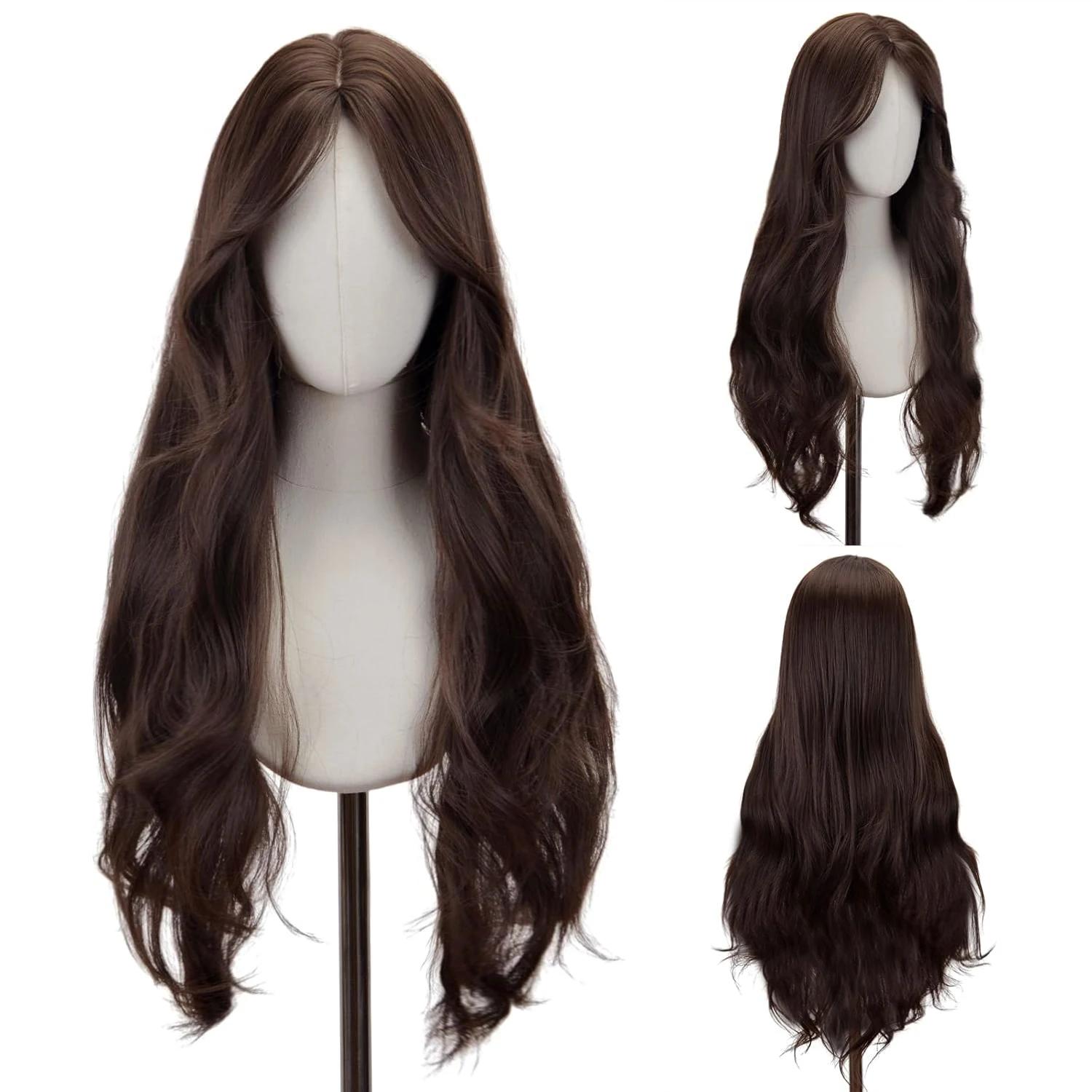 Perruque synthétique avec raie centrale sans frange, brun foncé, usage quotidien, cheveux naturels,