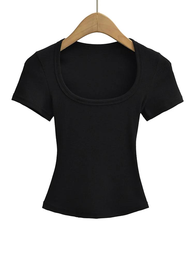 Haut court d'été à col carré pour femmes, haute élasticité, manches courtes, sexy, coupe cintrée, pu