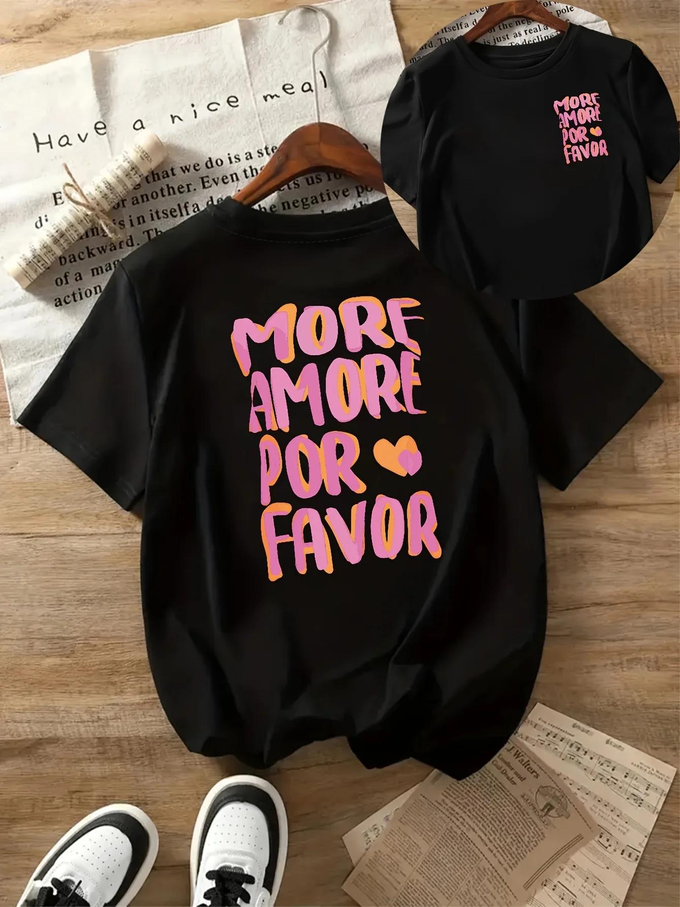 PLUS AMORE POR FAVOR T-Shirt manches courtes col rond femme imprimé rose avec coeurs Harajuku manche