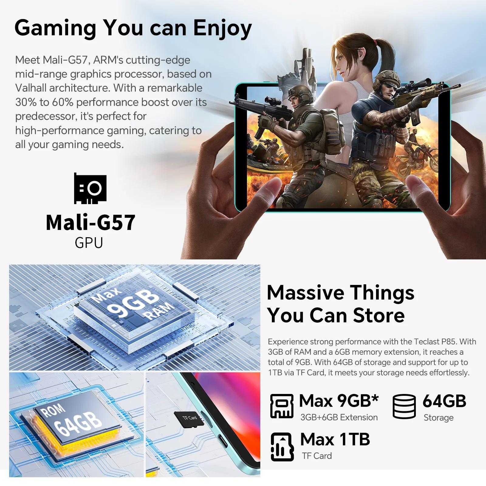 Teclast P85 Android 15 tablette 8 pouces IPS 3 + 6GB RAM 64GB ROM A333 5 cœurs Widevine L1 Wi-fi 6 t