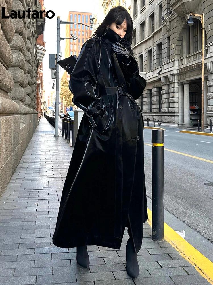 Lautaro printemps automne Extra Long surdimensionné Cool réfléchissant brillant noir en cuir verni T