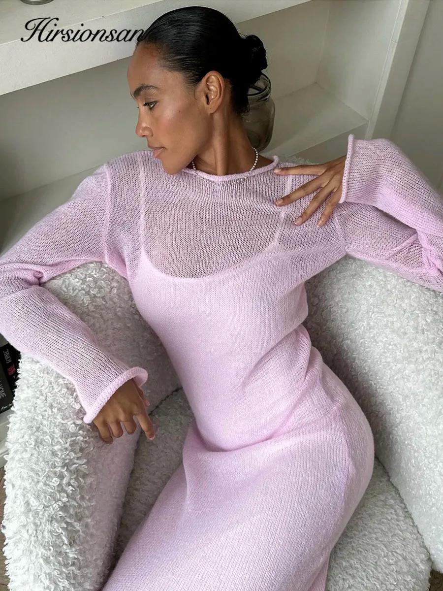 Hirsionsan – robe longue en tricot élastique pour Femme, col rond, élégante, Chic, douce, ajourée, p