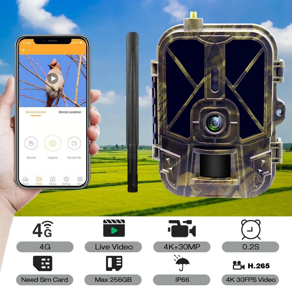 Caméra de surveillance 4K en direct 4G 30MP avec service cloud APP, caméras de chasse, batterie Li-i