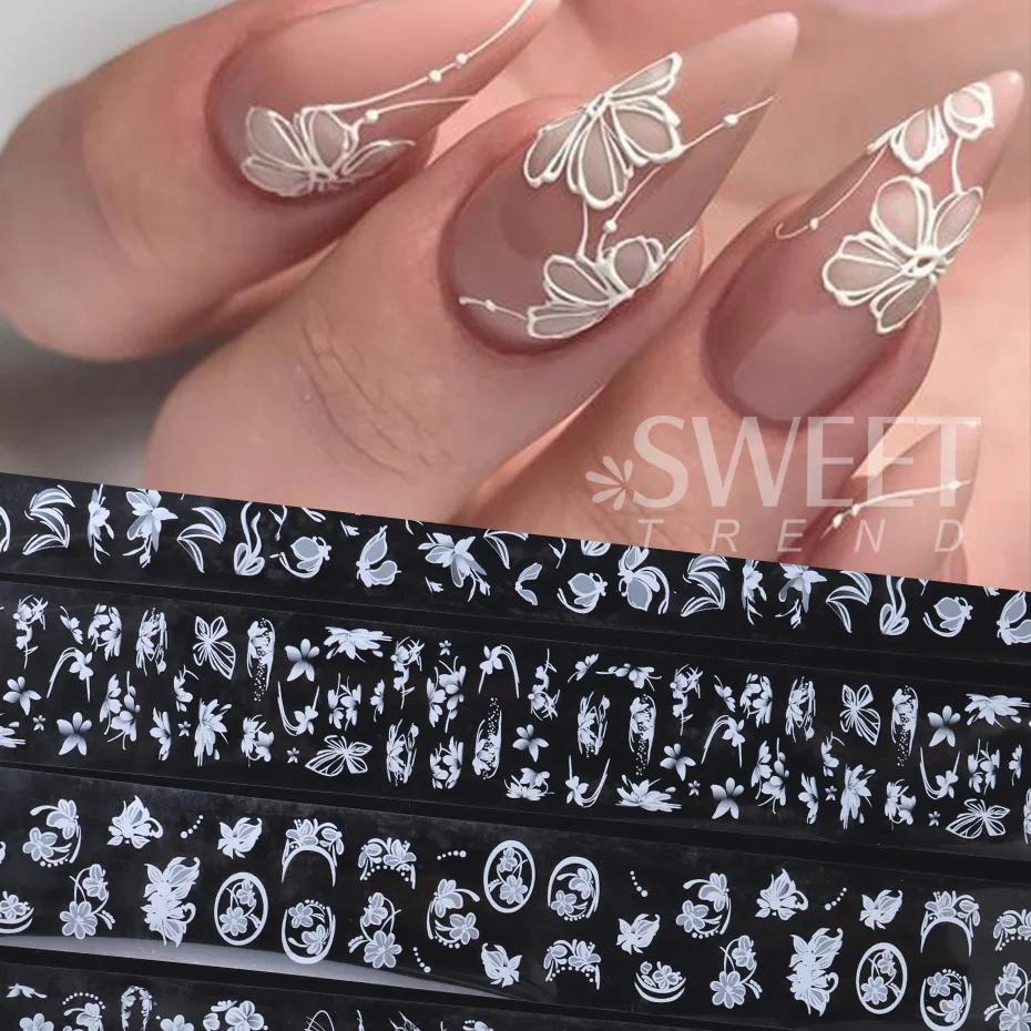 Feuilles autocollantes de transfert d'ongles, 10 rouleaux de pétales de fleurs blanches élégantes, p