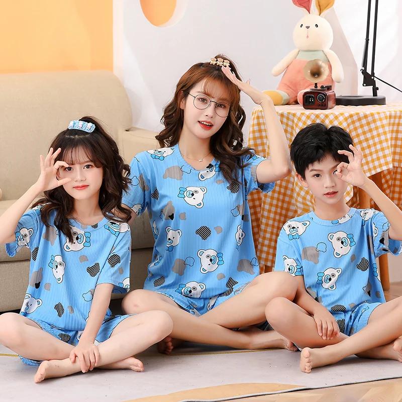 Pyjama d'été 2 pièces à manches courtes pour enfant, ensemble fin et mignon, neutre, parent-enfant,