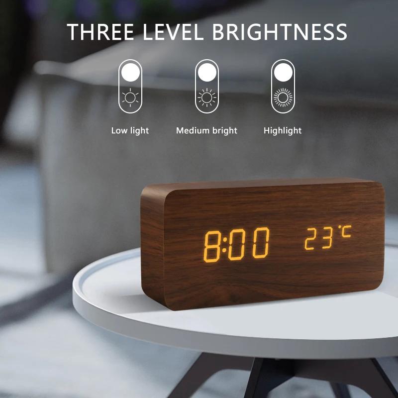 Réveil LED montre en bois Table commande vocale numérique bois Despertador USB/AAA alimenté horloges
