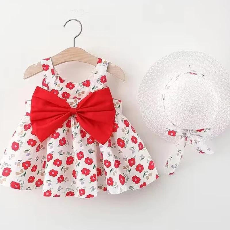 Vêtements d'été pour bébés de 0 à 3 ans, robe de princesse fleurie sans manches avec chapeau et nœud