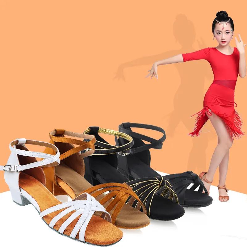 Chaussures latines en Satin pour filles, chaussures de danse à talons bas, pour adultes, Tango, Sals