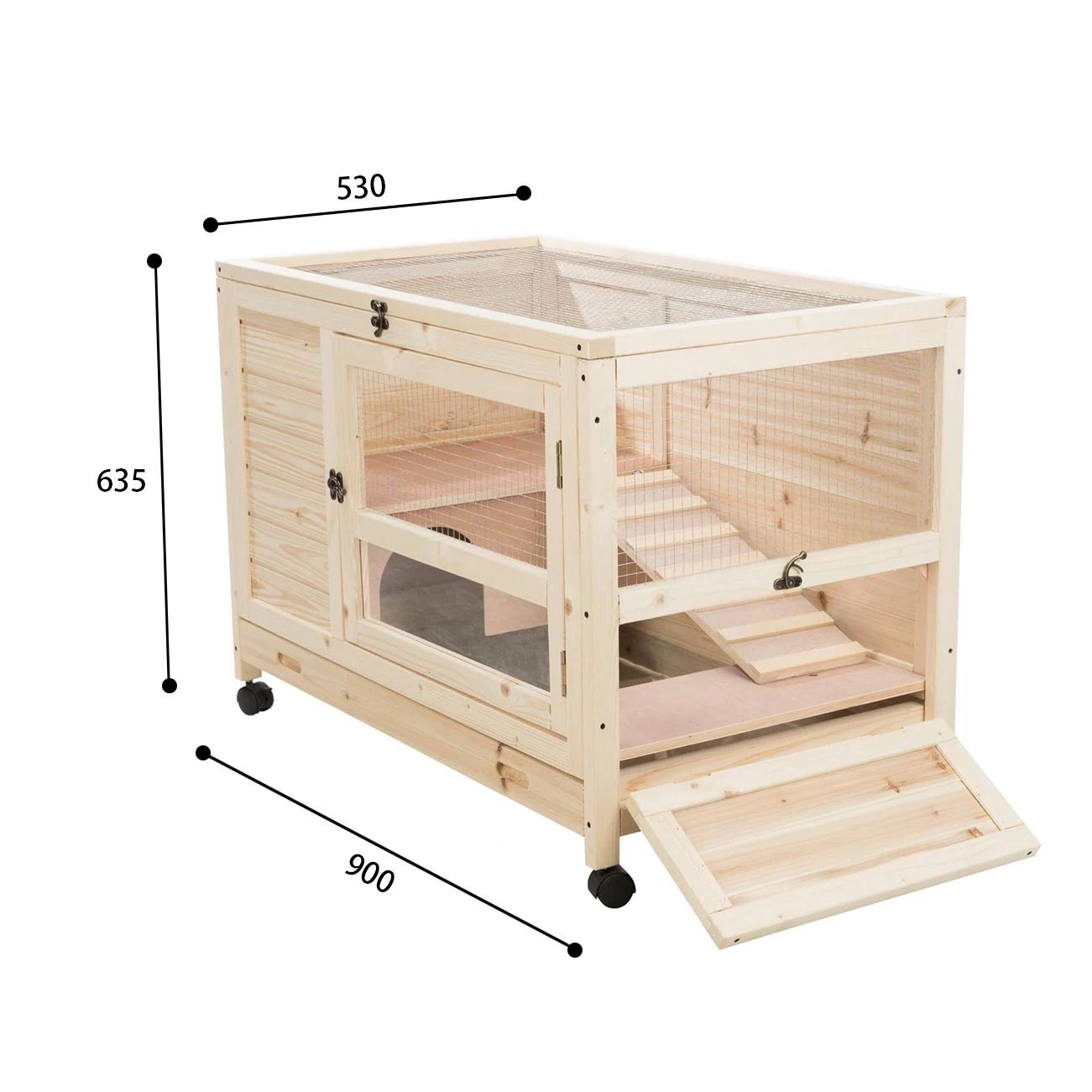 Lapin en bois à 2 niveaux pour l'extérieur, chalets avec rampe, roues, manipulation, mouvement, inst
