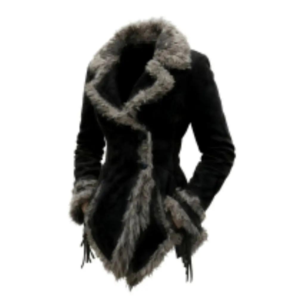 Manteau en daim Vintage pour femmes, manteau à revers avec col en fourrure, manteau de Style mendian