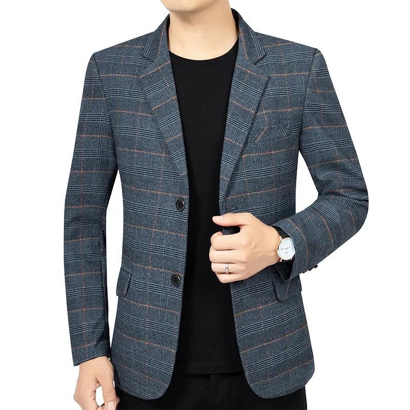 Blazer Homme Automne Tendance Rayé Contraste de Couleurs Veste de Costume Masculine Col Rabattu Manc