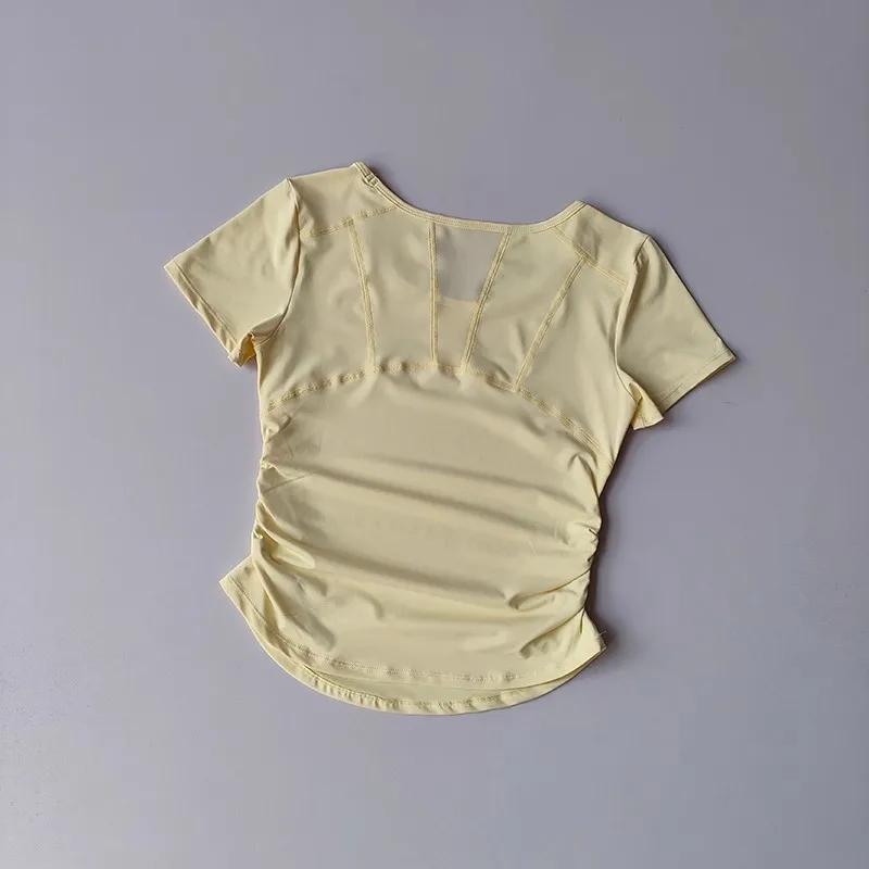 Haut de sport de Yoga d'été pour femmes, manches courtes, taille plissée, maille épissée, T-Shirt de