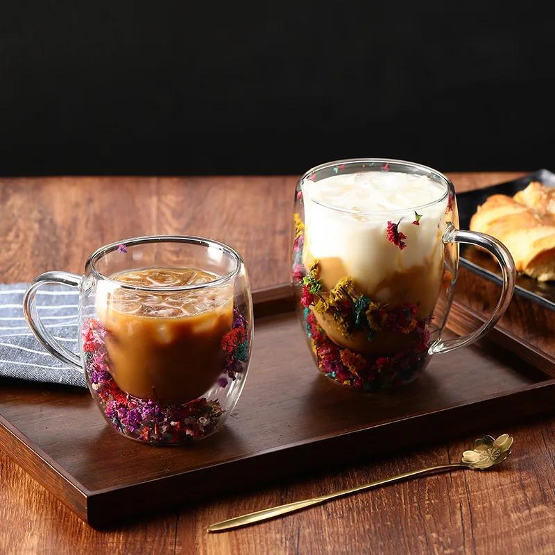 Tasses à café en verre transparent à double paroi, tasse à double isolation pour boissons chaudes et