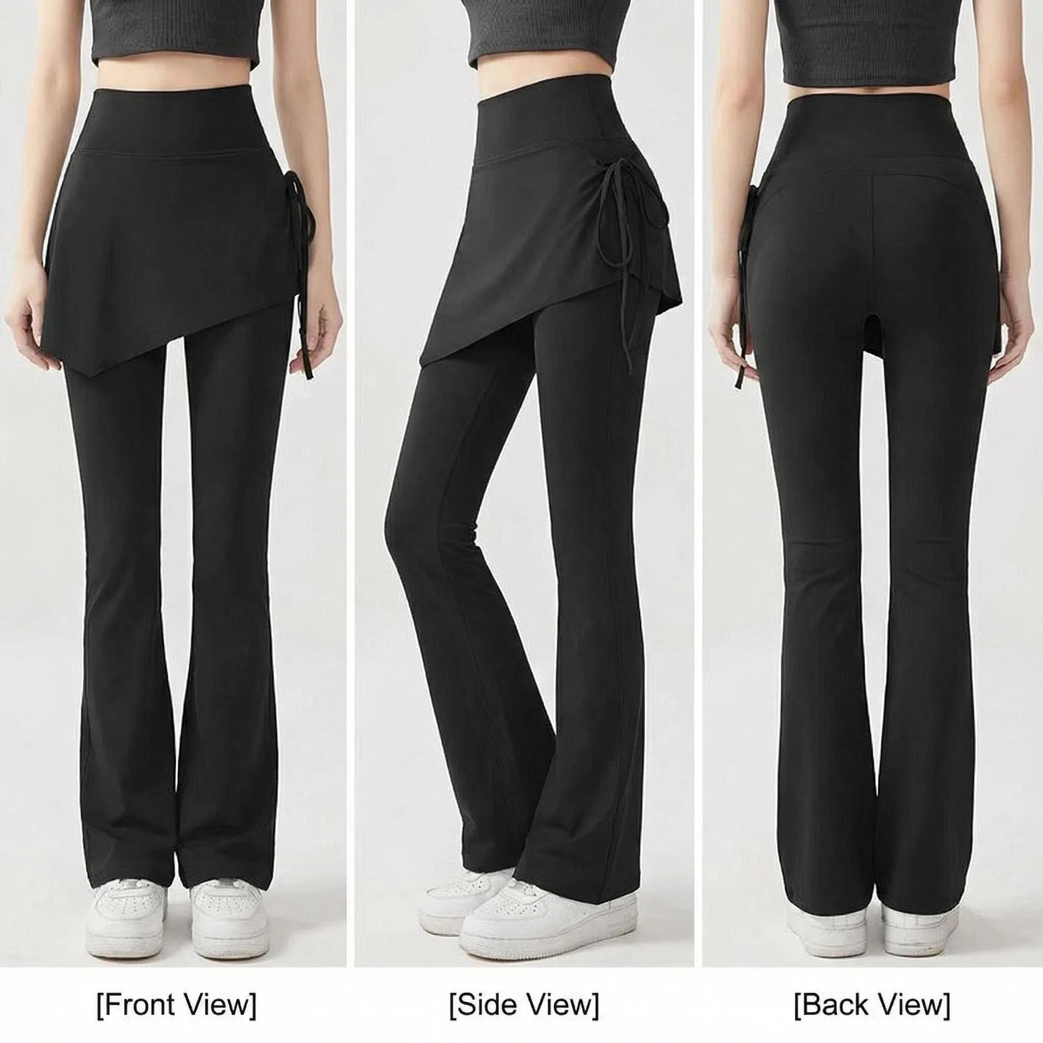 DFCF Pantalon de yoga évasé taille haute pour femme avec jupe superposée deux-en-un, détails à pompo