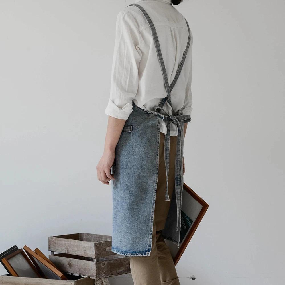 Tablier en Denim coton toile coréenne antisalissure nettoyage à domicile cuisine vêtements de travai