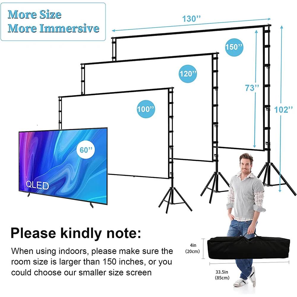 Écran de projecteur VEIDADZ avec support blanc sans plis 160 ° Angle de vision 60-150 pouces, écra