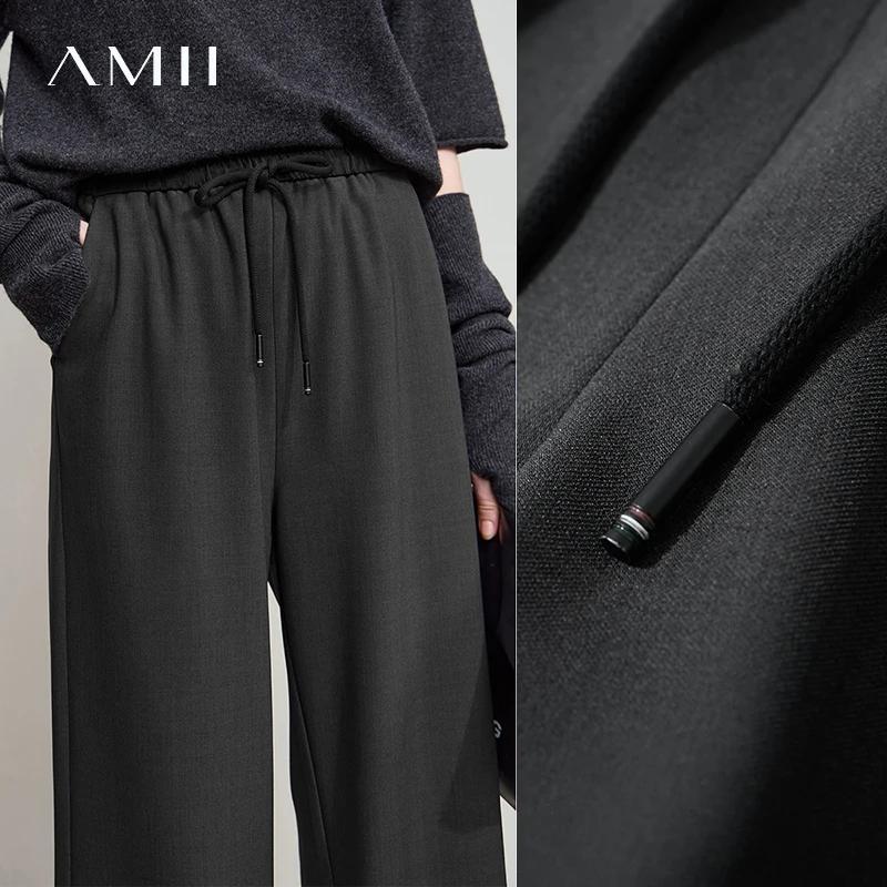 AMII 2025 automne femmes pantalon ample décontracté à lacets élastique jambe large pantalon droit so
